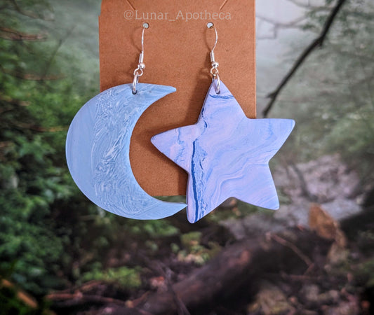 Marbled Moon and Star Asymmetic Clay Earrings