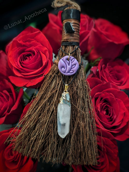Hanging Cinnamon Broom with Obsidian and Quartz