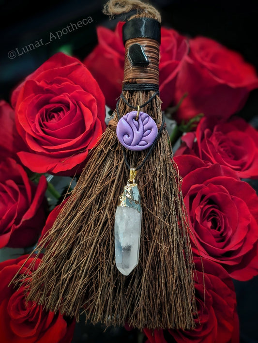 Hanging Cinnamon Broom with Obsidian and Quartz