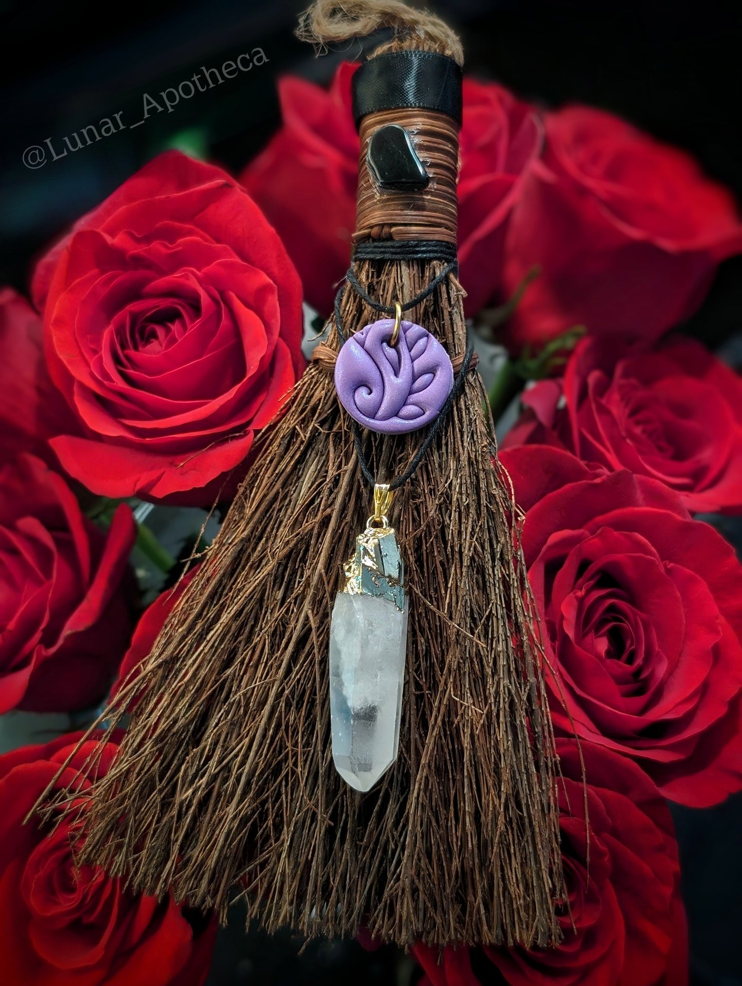 Hanging Cinnamon Broom with Obsidian and Quartz