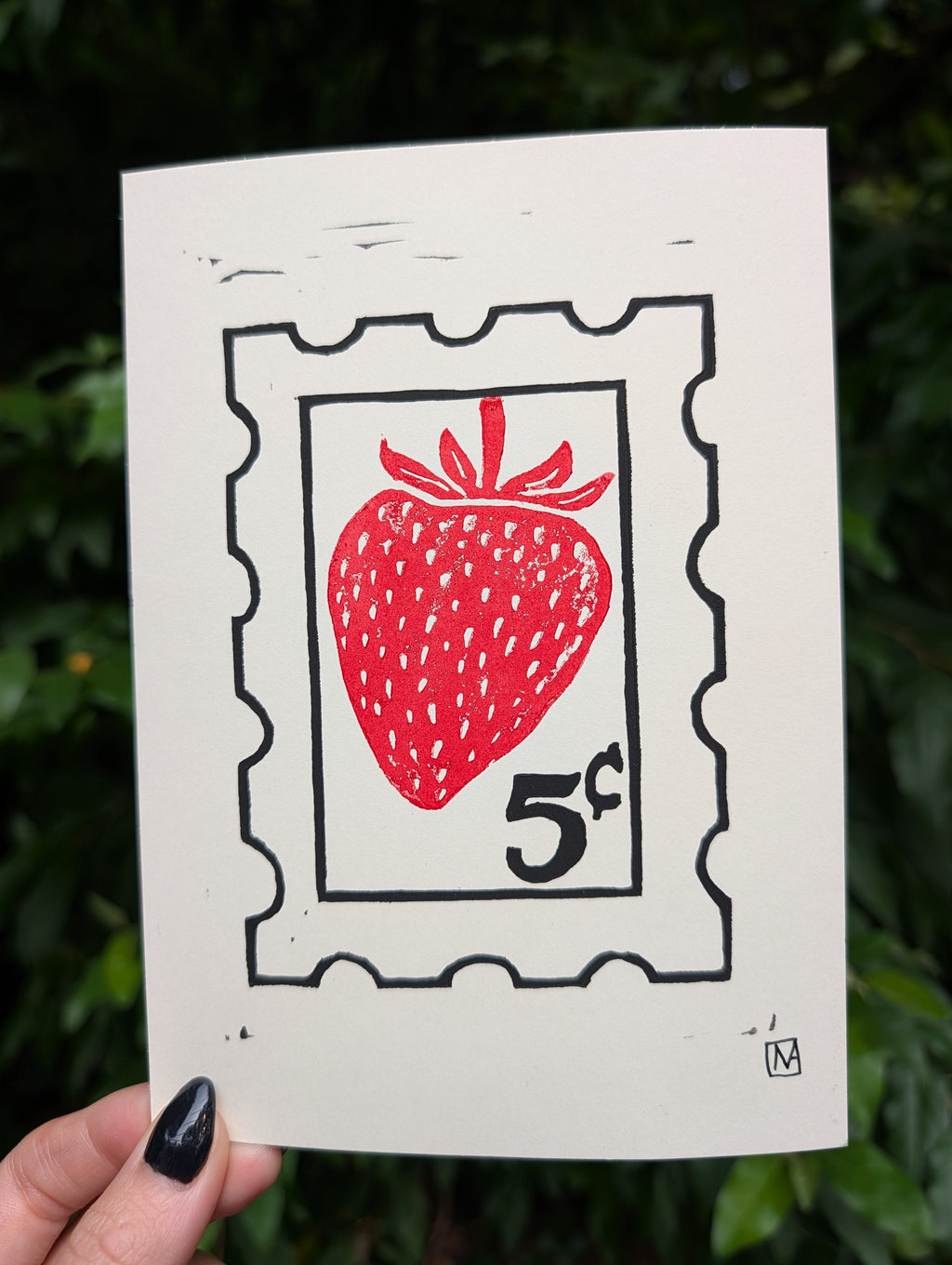 Vintage Strawberry Stamp Linocut Art