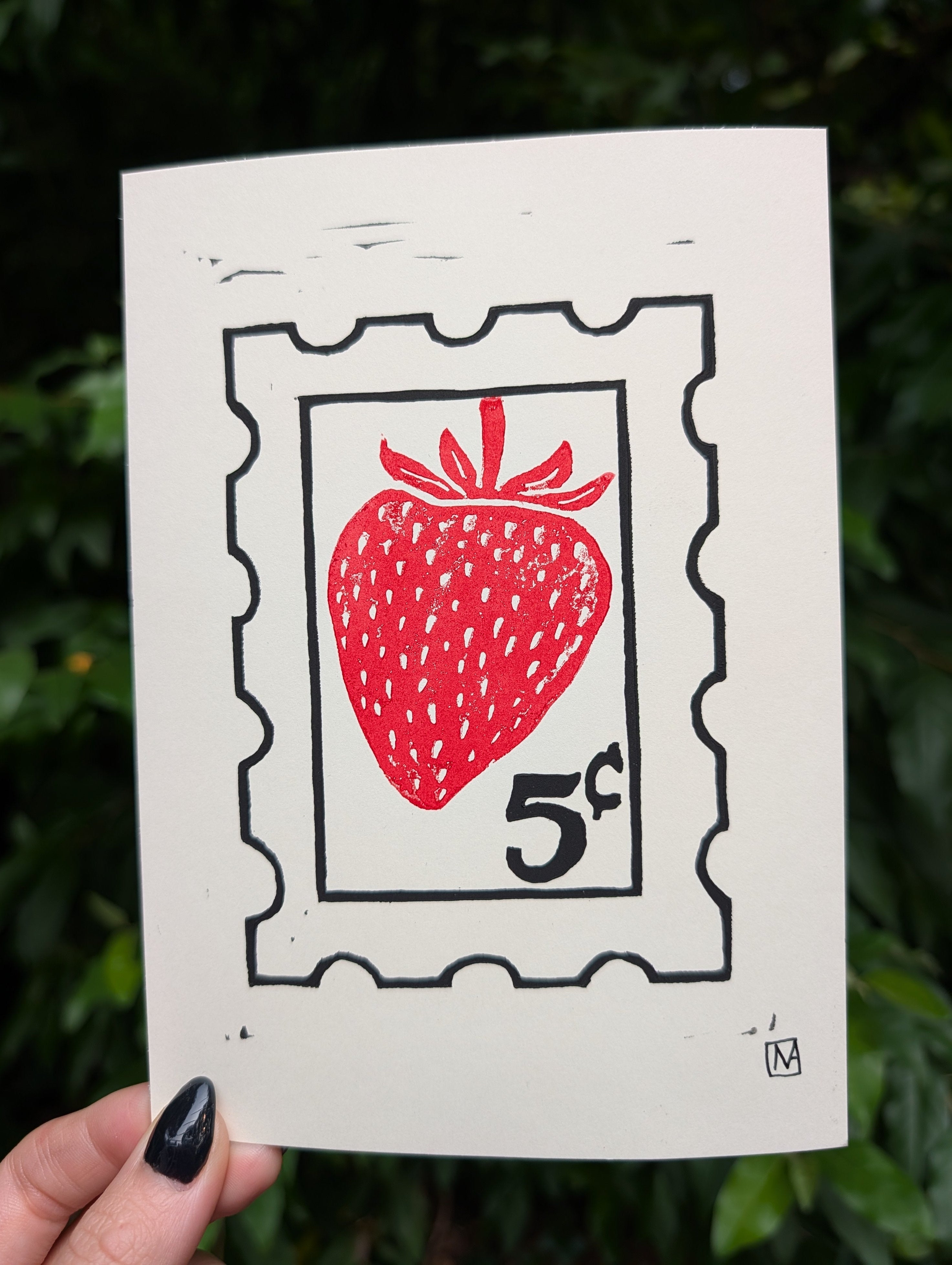 Vintage Strawberry Stamp Linocut Art