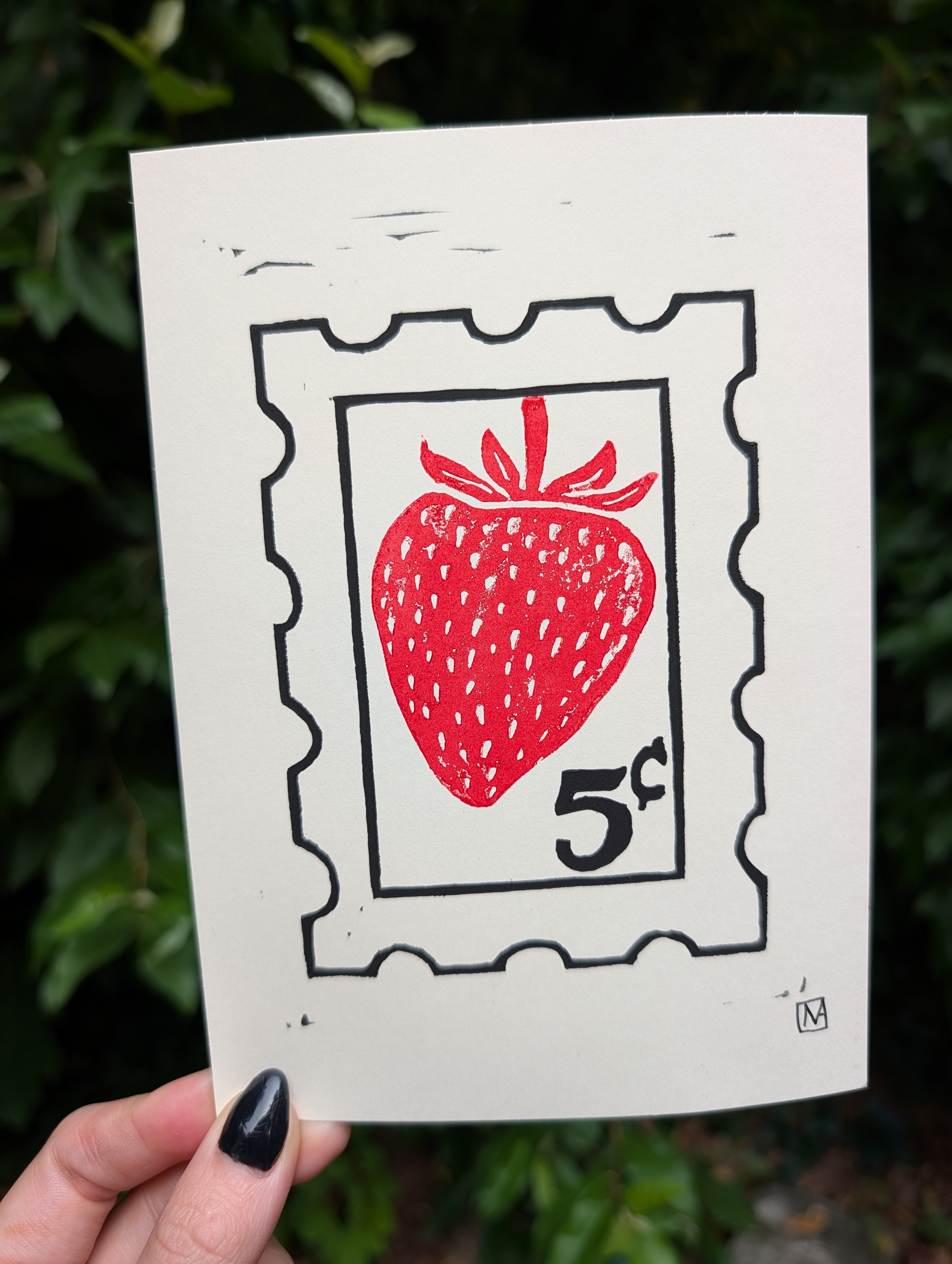Vintage Strawberry Stamp Linocut Art