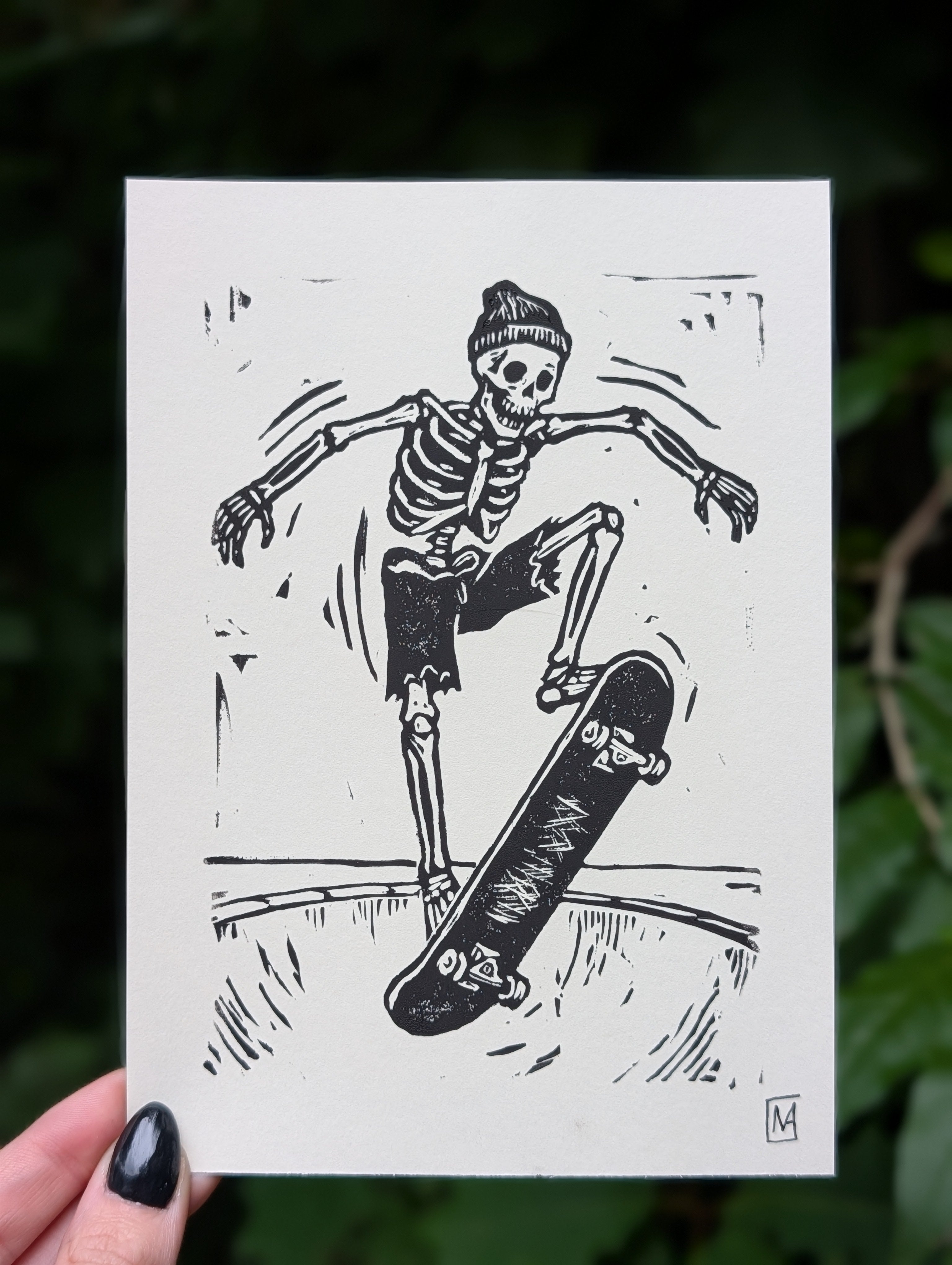 "Skate to the Grave" Linocut Art